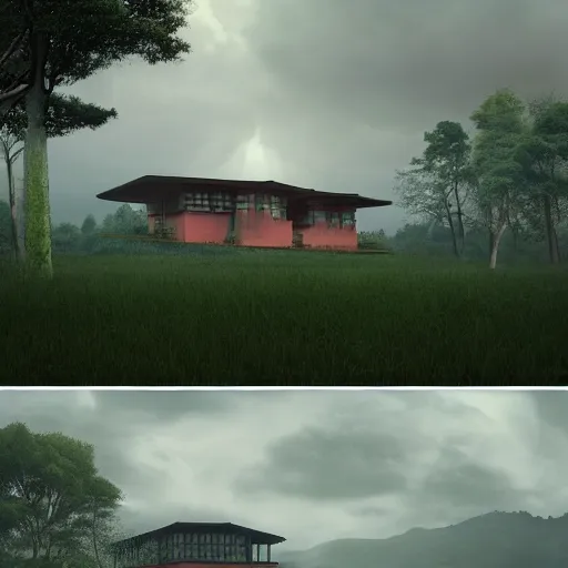 Image similar to modernist house inspired by a tibetan palace, open field, big trees, clouds, dramatic lighting, artstation, matte painting, raphael lacoste, simon stalenhag, frank lloyd wright
