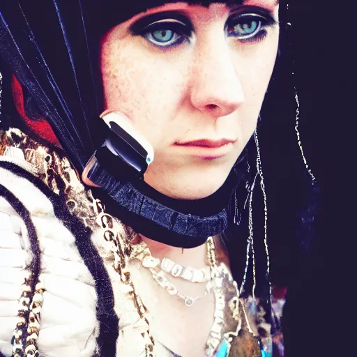 Prompt: an award finning closeup photo by a famous portrait photographer of a beautiful female bohemian cyberpunk techno rock musician aged 2 1 in excessively fashionable gear