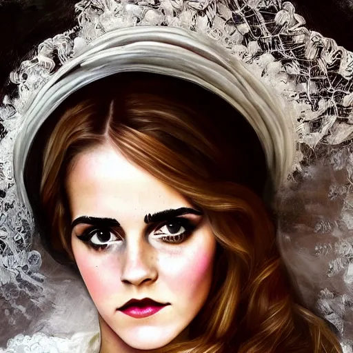 Image similar to big eyes full body fashion model emma watson smokey eyes makeup eye shadow textured film grain oil on canvas fantasy, glow, shimmer as victorian woman in a long white frilly lace dress and a large white hat having tea in a sunroom filled with flowers, roses and lush fern flowers ,intricate, night, highly detailed, dramatic lighting , high quality