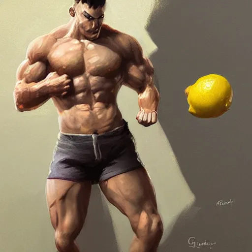 Image similar to lemon with muscular body working out by greg rutkowski