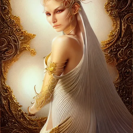 Image similar to a beautiful woman wearing a white dress made of silk with golden ornaments and diamonds jewelry by alex gray and android jones , Karol Bak, Ayami Kojima, Amano , concept art, character design, fantasy,3D, 8k resolution