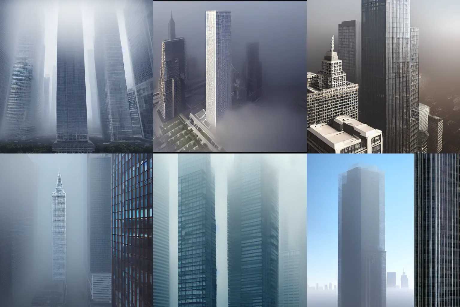 Prompt: lone skyscraper rising from a opaque carpet of fog in an otherwise sunny day. Lateral view showing the building from top to bottom. Digital matte painting