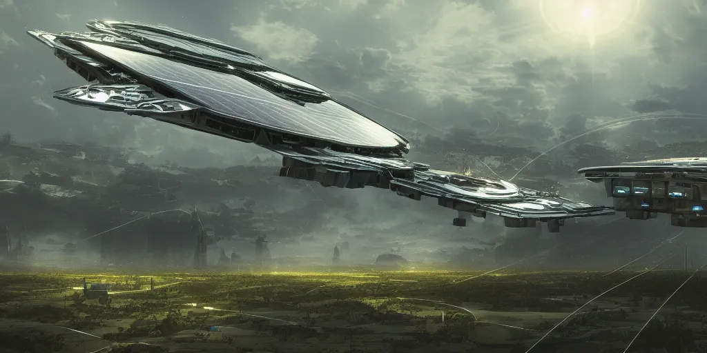 Prompt: solarpunk spaceship hovering over fields and small houses, science fiction digital art, award winning, trending on artstation, digital art. highly detailed 8 k. intricate. lifelike.