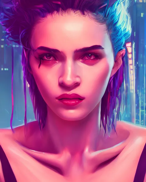 Prompt: portrait of a woman by CD Projekt Red and Prywinko and gantzu, cyberpunk, vaporwave, Halter-top, face, cute, shaded lighting, beautiful, realistic, perfect, extremely detailed, deviantart, artstation, 4k, 8k, Cyberpunk 2077, Blade Runner