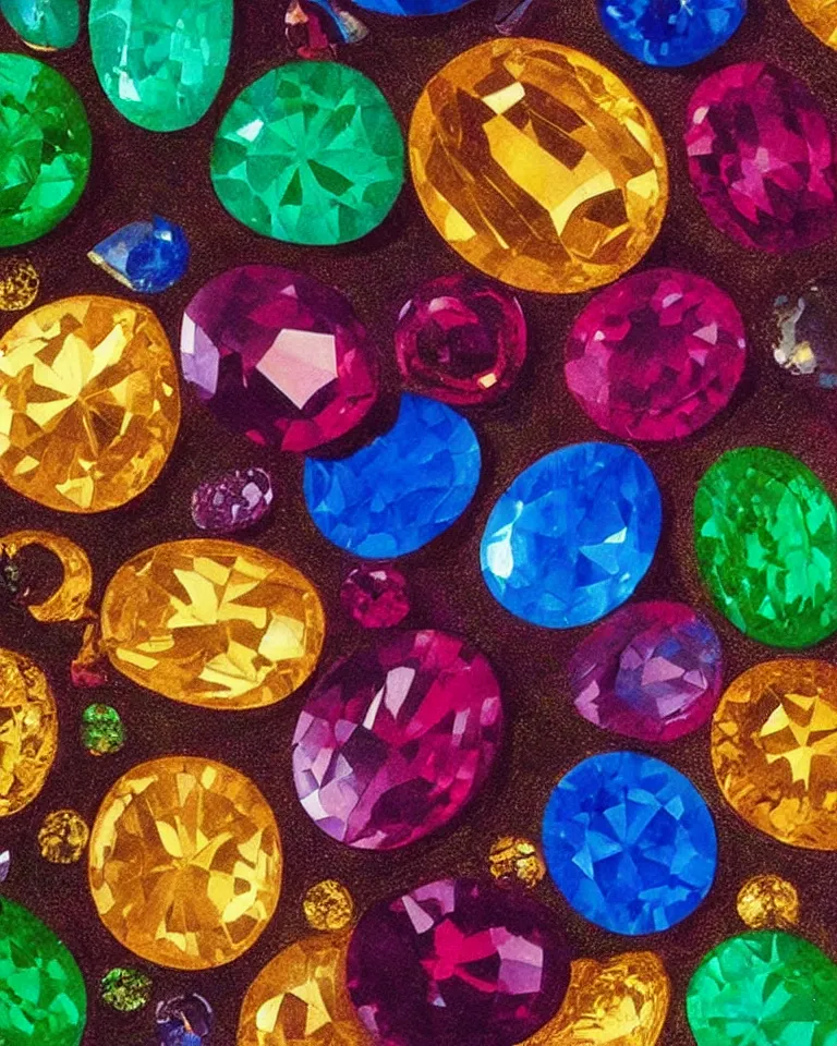 Prompt: “extreme close up print of multi-colored gemstones by Raphael, Hopper, and Rene Magritte.”