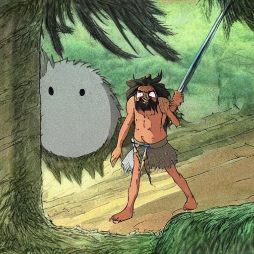 Image similar to a realistic cell - shaded studio ghibli concept art from princess mononoke ( 1 9 9 7 ) of a giant caveman. very dull colors, wide shot, hd, 4 k, hq