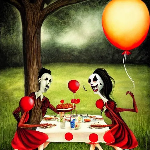 Image similar to grunge painting of a picnic with a wide smile and a red balloon by chris leib, loony toons style, pennywise style, corpse bride style, horror theme, detailed, elegant, intricate, conceptual, volumetric light