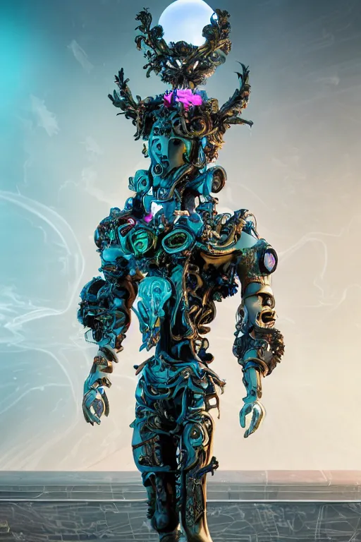 Image similar to full-body rococo and cyberpunk style sculpture of a young handsome seductive Italian android prince reaching for the sun, glowing pink eyes, crown of blue gears, swirling green-colored silk fabric. futuristic elements. full-length view. intricate artwork by caravaggio. Trending on artstation, octane render, cinematic lighting from the right, hyper realism, octane render, 8k, depth of field, 3D