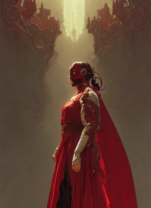 Prompt: person with no eyes wearing a dark red cape, fantasy, medieval wear, intricate, elegant, highly detailed, digital painting, artstation, concept art, smooth, sharp focus, illustration, art by artgerm and greg rutkowski, reimagined by alphonse mucha