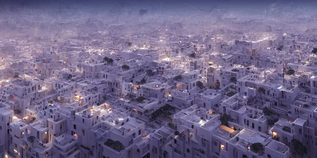 Prompt: Moroccan city, white buildings, by Leon Tukker, Makoto Kobayashi, synthetic light, people on the streets, utopia, perfect, futuristic, 8k high detail, masterpiece, trending on ArtStation