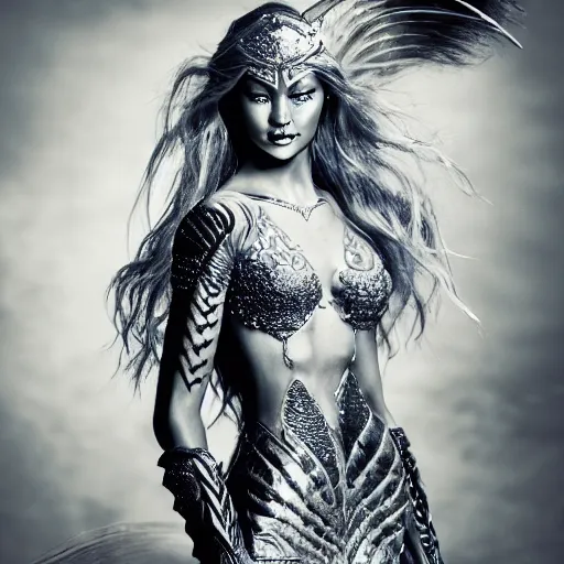 Prompt: photo of gigi hadid as a mermaid warrior, very detailed, full body shot, 50mm dslr, f/5.6