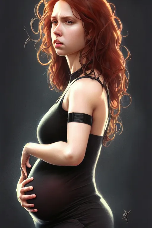 Image similar to pregnant black widow, realistic portrait, symmetrical, highly detailed, digital painting, artstation, concept art, smooth, sharp focus, illustration, cinematic lighting, art by artgerm and greg rutkowski and alphonse mucha