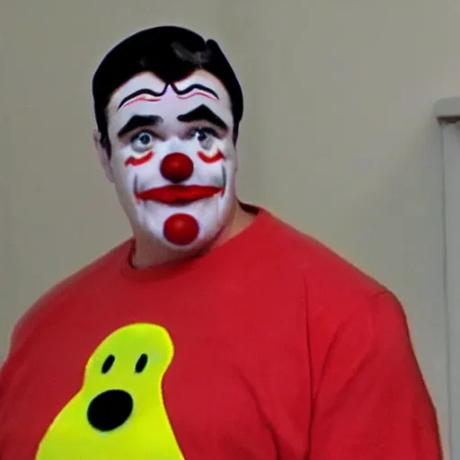 Image similar to Sean Hannity looking really, really sad and wearing a clown suit