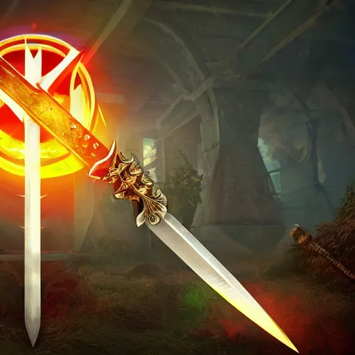 Prompt: game - icon of sword and battleaxe crossed on a prism, red powerful fantasy epic legends, game icon stylized, digital illustration radiating, a glowing aura, global illumination, ray tracing, 8 k high definition, intricate details, octane render, unreal engine, trending on arstation