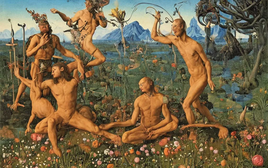 Image similar to a portrait photograph of a meditating satyr and a centaur monk riding a rocket machine and hunting at a river delta. surrounded by bulbous flowers and trees. mountain range under a blue sky of fiery stars. by jan van eyck, max ernst, ernst haeckel, ernst fuchs and artgerm, cgsociety, fashion editorial, 8 k