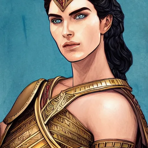 Image similar to portrait of hippolyta queen of the amazons, a beautiful tall dignified dark - haired woman with tanned skin and blue eyes, dressed in hellenistic greek armour, high detailed, detailed face, detailed eyes, intricate, elegant, smooth, sharp focus, artstation, art by helena nikulina,