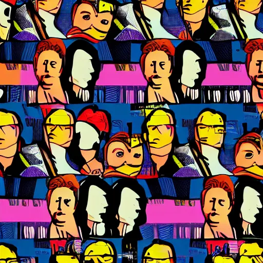 Prompt: zach braff's head repeating, wallpaper pattern, neon colors, mod, pop art