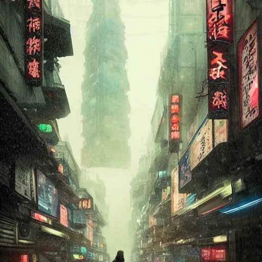 Image similar to a thousand sentient creatures covered in mountains and clouds. style of blade runner 2 0 4 9. i can understand why. a full length portrait of a spotless mind controlled, cyberpunk chinese street, by grosnez zak and