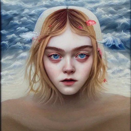 Image similar to professional painting of Elle Fanning on the beach in the style of Conrad Roset and Dino Valls and Hikari Shimoda, head and shoulders portrait, symmetrical facial features, smooth, sharp focus, illustration, intricate, stormy weather, extremely detailed masterpiece,