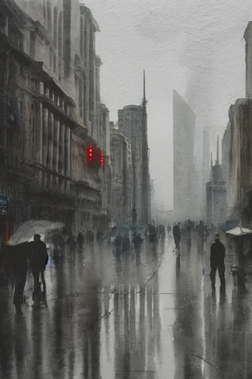 Image similar to A poetic watercolor of an empty Shanghai Bund, rainy street, cloudy overcast sky, poignant, high contrast of light and dark, smooth, by Joseph Zbikowicz, 8k