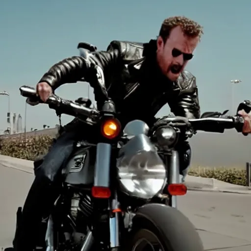 Prompt: Mark Zuckerbeg plays Terminator, rides a Harley motorobike, action scene