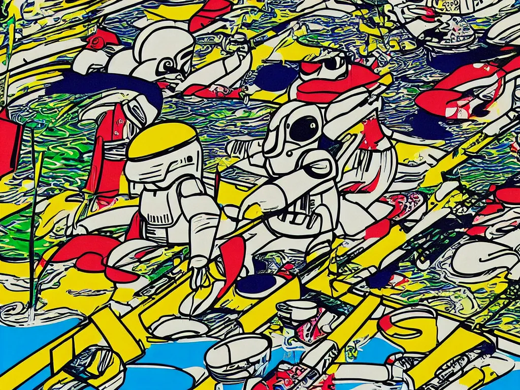 Image similar to hyperdetailed close - up image of a japanese house with a pond, stormtroopers sitting around it, in style of pop - art, andy warhol, roy lichtenstein, jackie tsai, bright palette, acrylic on canvas