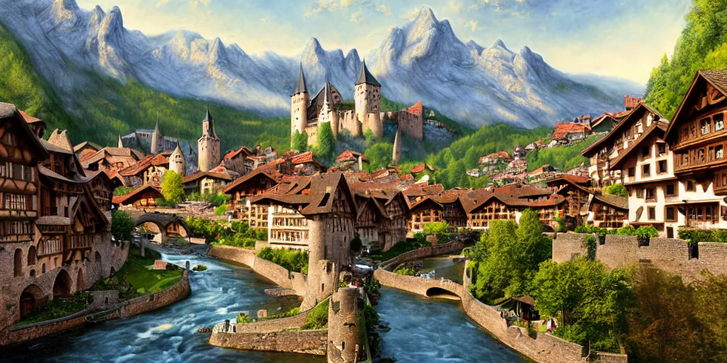 Image similar to view of a medieval walled city nestled in a mountain with small river flowing through center, large castle high up in a mountain peak in the background, alpine architecture, half - timbered, tudor style houses, chalet, soft colors, cozy, very beautiful, intricate, majestic, concept art, artgerm, james gurney, trending on art station