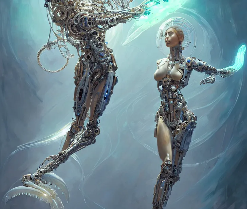 Image similar to Cyborg biomechanical jellyfish angel girl, sci-fi, highly detailed, digital painting, artstation, concept art, smooth, sharp focus, illustration, art by artgerm and greg rutkowski and alphonse mucha