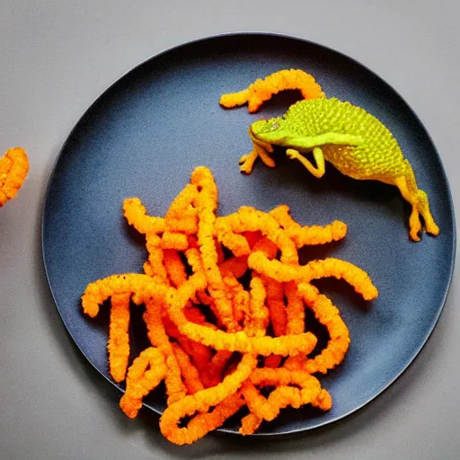 Prompt: elegantly plated meal of cheetos, fried capybara, frog eggs, and pencil erasers, Michelin starred restaurant, Instagram food picture