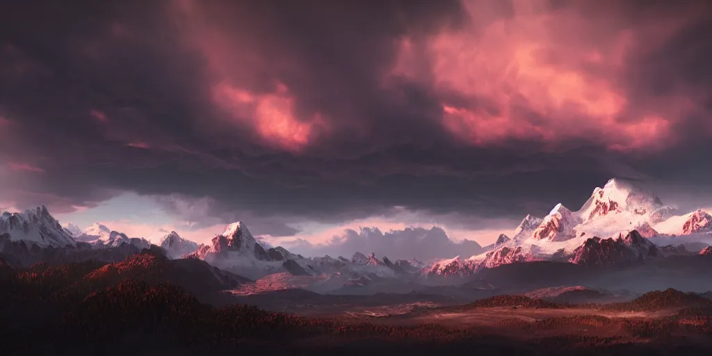 Image similar to a storm dark and brooding far away in the distance, snowcapped mountains in the foreground during sunset, nature, cinematic, hyperrealistic, evil, dark, cgsociety, 8 k