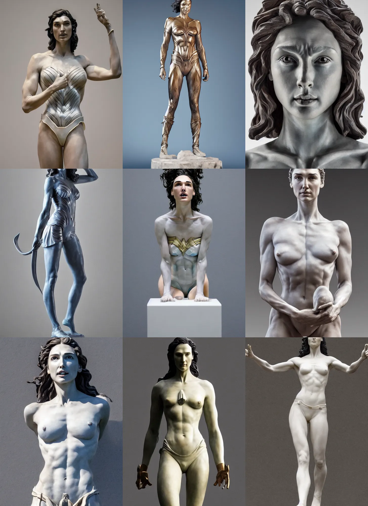 Prompt: sculpture statue of Gal Gadot by Jean-Baptiste Carpeaux and Luo Li Rong and Michael James Talbot, all body, standing athletic pose, perfect symmetrical face, psychedelic, bodypaint, colored, white marble, in full growth, elegant, realistic, 8K, female full-skin figure, hyperrealism, subsurface scattering, raytracing, rim light, Octane Render, Redshift, Zbrush