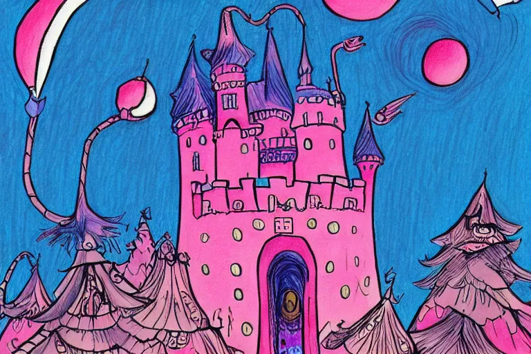 Prompt: a drawing of a pink and blue castle, a storybook illustration by dr seuss, tumblr, psychedelic art, concept art, storybook illustration, whimsical