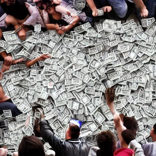 Prompt: Raining $100 bills, crowd fighting over money