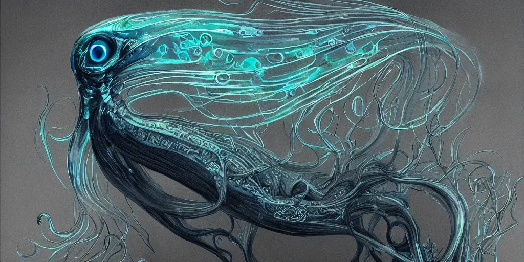 Image similar to squid, stylized layered shapes, long flowing fins, bioluminescent orbs, diffuse lighting, glowing eye, intricate, elegant, highly detailed, lifelike, photorealistic, digital painting, artstation, smooth, sharp focus, art by h r giger