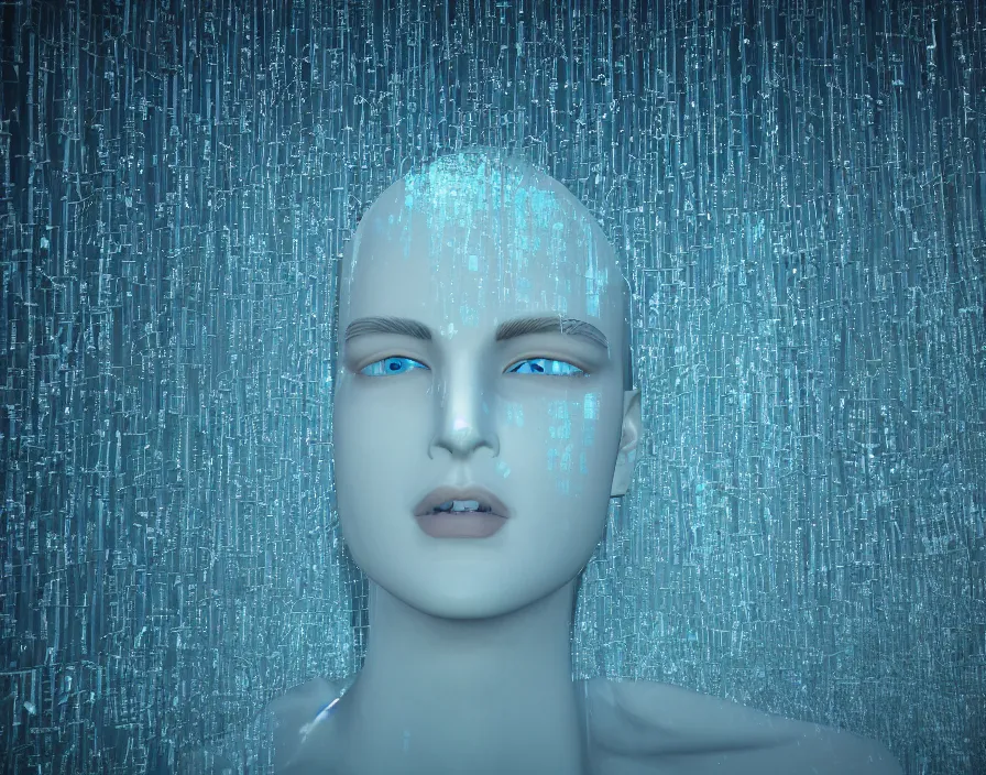 Prompt: beautiful head of maniquen. Theatrical scenery, big white !!!beautiful head of maniquen!!! on stage, humanity like data structure on background, white color minimal teatrical decoration, theatrical stage concept. octane rendering, cinematic, octane rendering, 8k, depth of field, bokeh. iridescent accents. vibrant. teal white and blue color scheme