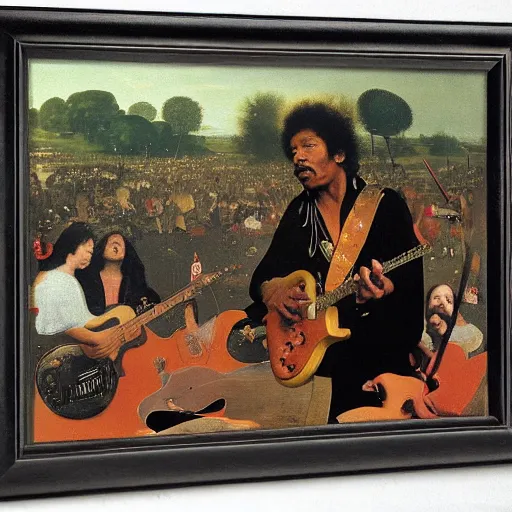 Image similar to jimy hendrix at woodstock by hieronymus bosch