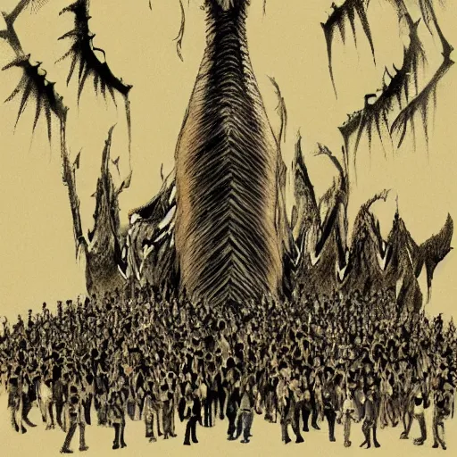 Prompt: A beautiful drawing of a large, dragon-like creature with sharp teeth, talons, and a long tail. The creature is looming over a small group of people who appear to be in distress. by Satoshi Kon, by Matthias Jung