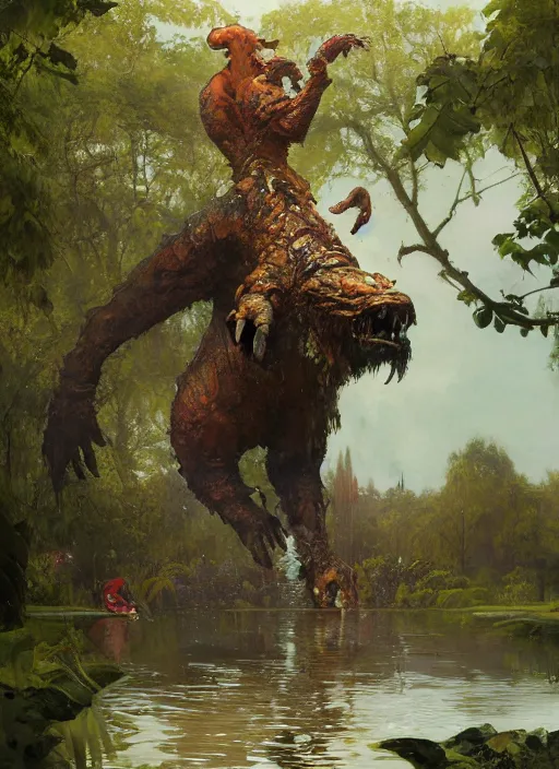 Image similar to huge towering beastly monstrous creature emerging from lake in urban park on sunny day, splashing, partially submerged, water cascading, by sergey kolesov and lawrence alma tadema and norman rockwell and greg staples and craig mullins and john berkey and ruan jia, artstation creature art