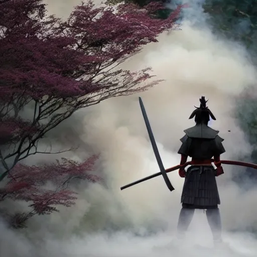 Image similar to a samurai warrior made of smoke, mystical magical :: ghibli studio,