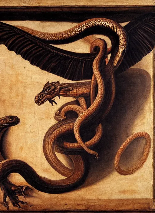 Image similar to detailed realistic renaissance painting of a chimera with bat wings and the body of a snake coiling around a column on a black background, hig quality, no blur, 4 k