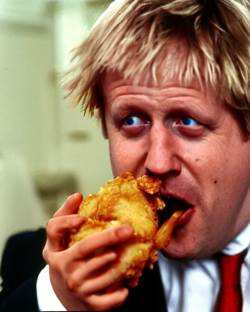 Image similar to film still close - up shot of boris johnson eating fried chicken from the movie monty python's the meaning of life. photographic, photography