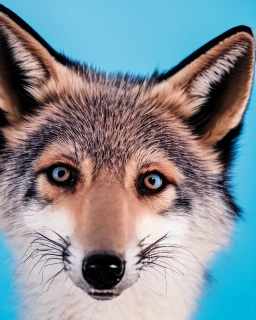 Image similar to black pink green blue white fox looking into the camera, portrait, blue background, 8 k, 8 5 mm f 1. 8