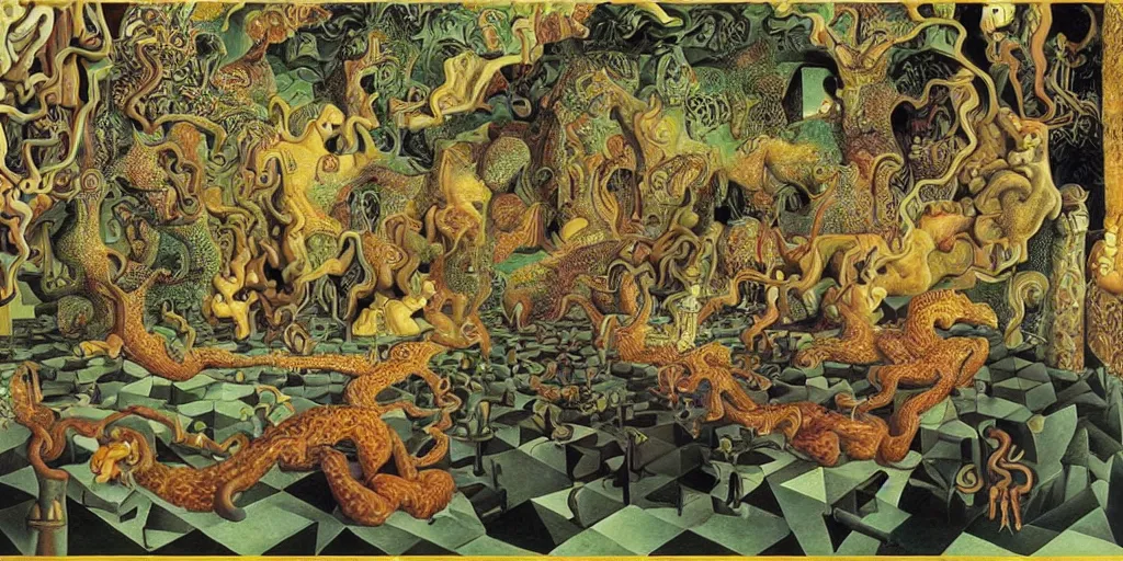 Image similar to basilisk, pain, pleasure, suffering, adventure, love, abstract oil painting by mc escher and salvador dali and raqib shaw sandman dream palace