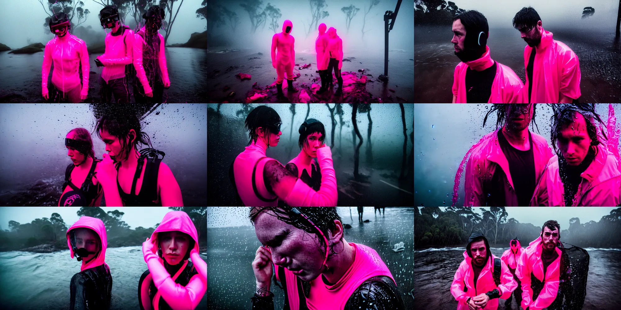 Prompt: cinestill hasselblad candid award winning press portrait by robert capas of cyberpunks wearing rugged neon pink mesh techwear in treacherous waters, bushfire, wideangle, extreme motion blur, modern cyberpunk moody depressing cinematic, pouring rain, 8 k, hd, high resolution, 3 5 mm, f / 3 2, ultra realistic faces, ex machina