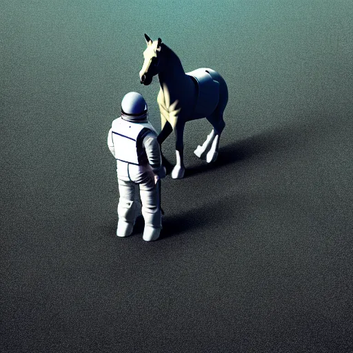 Image similar to an astronaut standing on the ground and a small trippy aggressive centaur standing on that poor human being standing on all fours astronaut raising his arms up, the horse is on his shoulders and grabbing them, minimalist style, 3 d render, isometry