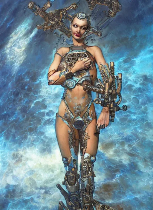 Prompt: biblical diabolical bautiful cyborg girl with glowing veins, shoulder pads, rocket firestarter, ocean on planet titan, underwater photography, by gerald brom, by mikhail vrubel, by peter elson, muted colors, extreme detail, trending on artstation, 8 k