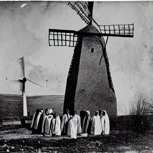 Prompt: worshippers dressed in robes belonging to the cult of the windmill. Dilapidated 1800s windmill. 1800s photo. Very detailed and clear image.