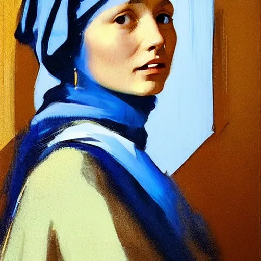 Image similar to greg manchess portrait painting of the girl with the pearl earring with the face of mona lisa, medium shot, asymmetrical, profile picture, organic painting, sunny day, matte painting, bold shapes, hard edges, street art, trending on artstation, by huang guangjian and gil elvgren and gerald brom