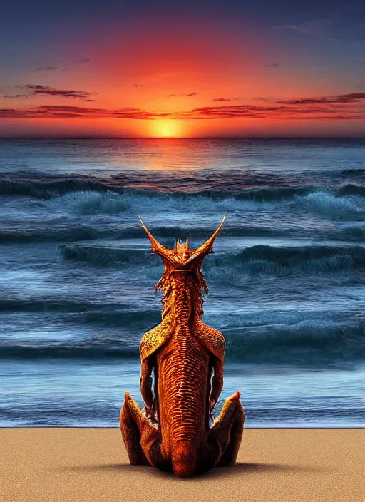 Image similar to a humanoid dragon sitting on the beach, sunrise. digital art