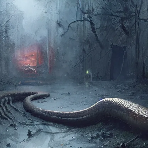 Image similar to a huge anaconda in a dark grave, horror ,digital art,realistic,detailed,art by greg rutkowski